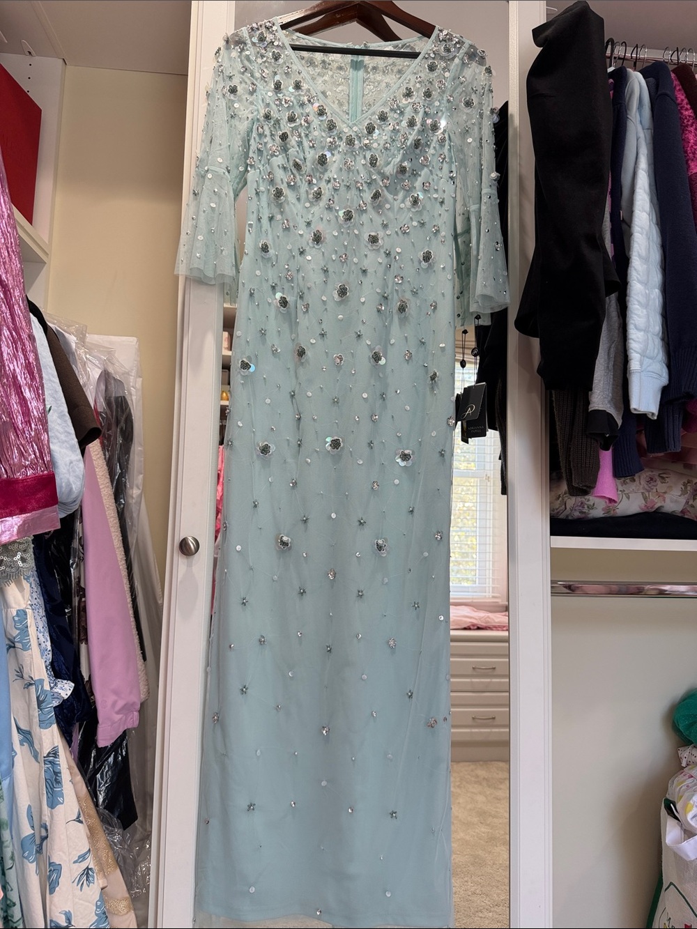 Adrianna Papell Light Blue Beaded V-Neck Evening Gown